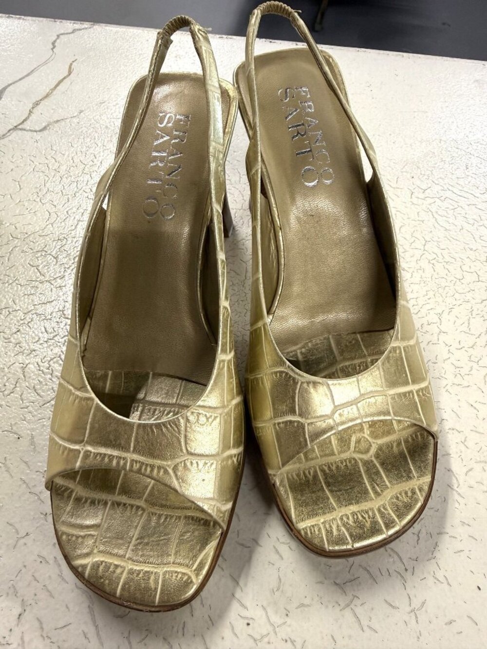 Franco Sarto Gold Croc-Embossed Leather Slingback Heeled Sandals Size 7.5M